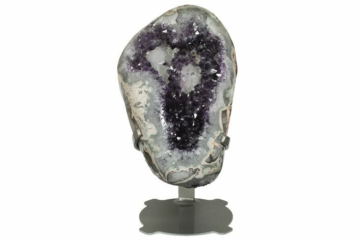 14.8" Amethyst Geode w/ Calcite on Metal Stand - Dark Purple Crystals